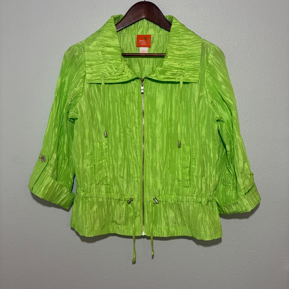 Hearts of Palm Petite Lime Green Crinkle Zip Up Jacket 3/4 Sleeve Size 4P
